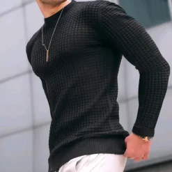 Hot OUKU Men's Sweatshirt Waffle Sweatshirt Black White Army Green Khaki Dark Gray Crew Neck Plain Ribbed Textured Knit-texture Sports & Outdoor Daily Holiday Polyester Streetwear Basic Casual Spring & Fall