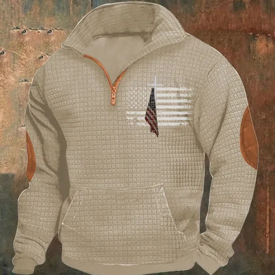 Discount OUKU Men's Sweatshirt Waffle Sweatshirt Quarter Zip Sweatshirt Black Navy Blue Khaki Light Grey Gray Half Zip National Flag Patchwork Ribbed Front Pocket Sports & Outdoor Daily Holiday Polyester