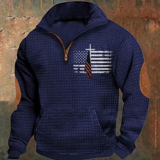 Discount OUKU Men's Sweatshirt Waffle Sweatshirt Quarter Zip Sweatshirt Black Navy Blue Khaki Light Grey Gray Half Zip National Flag Patchwork Ribbed Front Pocket Sports & Outdoor Daily Holiday Polyester