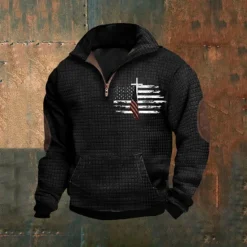 Discount OUKU Men's Sweatshirt Waffle Sweatshirt Quarter Zip Sweatshirt Black Navy Blue Khaki Light Grey Gray Half Zip National Flag Patchwork Ribbed Front Pocket Sports & Outdoor Daily Holiday Polyester