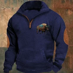 Sale OUKU Men's Sweatshirt Waffle Sweatshirt Quarter Zip Sweatshirt Black Navy Blue Khaki Dark Gray Gray Half Zip Graphic Cow Print Patchwork Front Pocket Quarter Zip Daily Holiday Going out Polyester