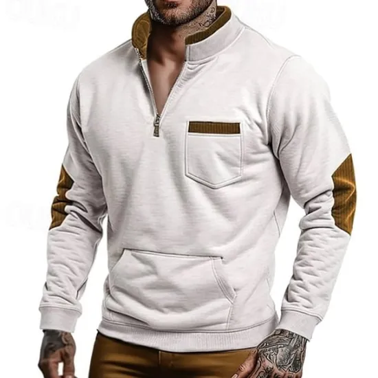 Best OUKU Men's Sweatshirt Zip Sweatshirt Quarter Zip Sweatshirt Half Zip Color Block Pocket Sports & Outdoor Daily Holiday Polyester Streetwear Basic Casual Spring Autumn / Fall Clothing Apparel Hoodies White
