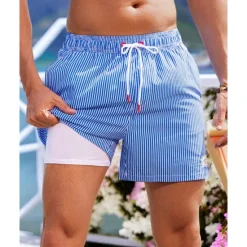 Best OUKU Men's Swim Shorts Board Shorts Swim Trunks Coconut Tree Stripes Quick dry Breathable Drawstring Elastic Waist With Compression Liner Vacation Beach Hawaiian Casual Blue Green