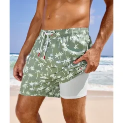 Best OUKU Men's Swim Shorts Board Shorts Swim Trunks Coconut Tree Stripes Quick dry Breathable Drawstring Elastic Waist With Compression Liner Vacation Beach Hawaiian Casual Blue Green