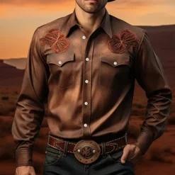 Online OUKU Men's Symbol Shirt Western Shirt Cowboy Shirt Long Sleeve Casual Western Style Outdoor Street Casual Daily Fall & Winter Turndown Buttons Print Brown