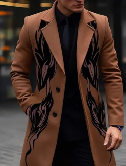 OUKU Men's Symbol Winter Coat Overcoat Coat Warm Breathable Comfortable Vintage Business Work Wear to work Going out Pocket Print Fall & Winter Turndown Long Sleeve Black Yellow Purple