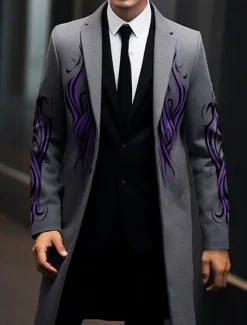 OUKU Men's Symbol Winter Coat Overcoat Coat Warm Breathable Comfortable Vintage Business Work Wear to work Going out Pocket Print Fall & Winter Turndown Long Sleeve Black Yellow Purple