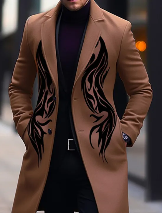Best OUKU Men's Symbol Winter Coat Overcoat Coat Warm Breathable Comfortable Vintage Business Work Wear to work Going out Pocket Print Fall & Winter Turndown Long Sleeve Ginger Purple khaki