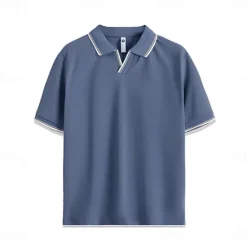 OUKU Men's T Shirt Fold-over Collar V Neck Training Short Sleeve Stripe-Trim Color Block Clothing Apparel Vacation Vintage Neutral Fashion
