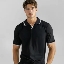 OUKU Men's T Shirt Fold-over Collar V Neck Training Short Sleeve Stripe-Trim Color Block Clothing Apparel Vacation Vintage Neutral Fashion