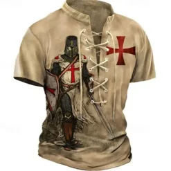 OUKU Men's T Shirt Graphic Knights Templar Stand Collar Clothing Apparel 3D Print Causal Memorial Day Short Sleeve Lace up Print Polyester Vintage Fashion Designer