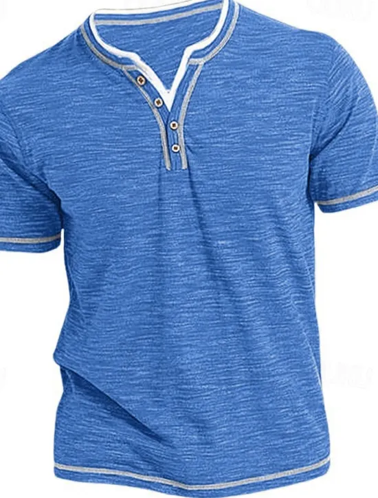 New OUKU Men's T Shirt Henley Shirt Tee Top Short Sleeves Plain Fashion Designer Basic Henley Vacation Street Going out Summer Black Blue Green Henley T-Shirt