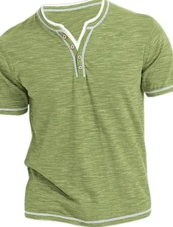 New OUKU Men's T Shirt Henley Shirt Tee Top Short Sleeves Plain Fashion Designer Basic Henley Vacation Street Going out Summer Black Blue Green Henley T-Shirt