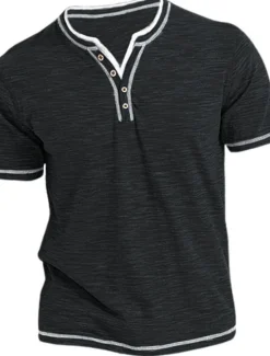 New OUKU Men's T Shirt Henley Shirt Tee Top Short Sleeves Plain Fashion Designer Basic Henley Vacation Street Going out Summer Black Blue Green Henley T-Shirt