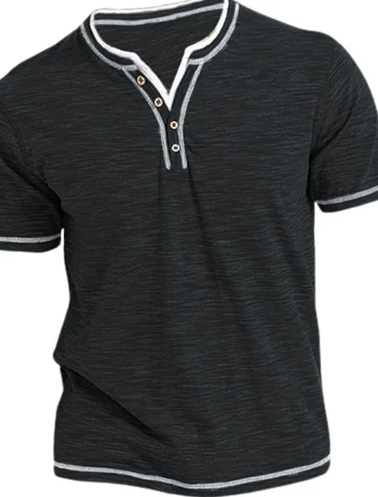 New OUKU Men's T Shirt Henley Shirt Tee Top Short Sleeves Plain Fashion Designer Basic Henley Vacation Street Going out Summer Black Blue Green Henley T-Shirt