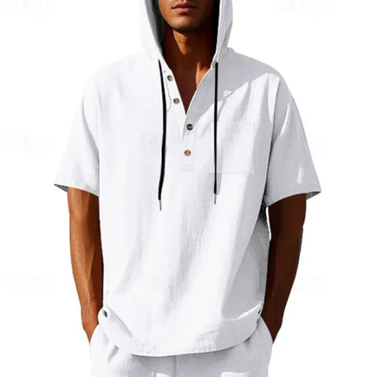 OUKU Men's T Shirt Henley Shirt Tee Short Sleeve Shirt Short Sleeve Hooded Summer Spring Plain Fashion Designer Basic Buttons Vacation Street Going out Black White Yellow Top Tee for Men