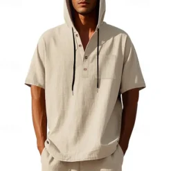 OUKU Men's T Shirt Henley Shirt Tee Short Sleeve Shirt Short Sleeve Hooded Summer Spring Plain Fashion Designer Basic Buttons Vacation Street Going out Black White Yellow Top Tee for Men