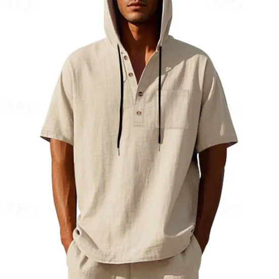 OUKU Men's T Shirt Henley Shirt Tee Short Sleeve Shirt Short Sleeve Hooded Summer Spring Plain Fashion Designer Basic Buttons Vacation Street Going out Black White Yellow Top Tee for Men