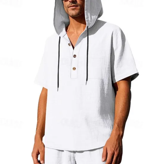 OUKU Men's T Shirt Henley Shirt Tee Short Sleeve Shirt Short Sleeve Hooded Summer Spring Plain Fashion Designer Basic Buttons Vacation Street Going out Black White Yellow Top Tee for Men