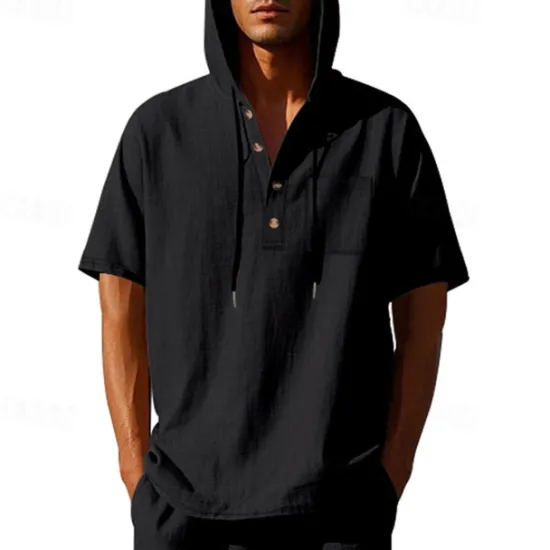 OUKU Men's T Shirt Henley Shirt Tee Short Sleeve Shirt Short Sleeve Hooded Summer Spring Plain Fashion Designer Basic Buttons Vacation Street Going out Black White Yellow Top Tee for Men