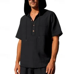 OUKU Men's T Shirt Henley Shirt Tee Short Sleeve Shirt Short Sleeve Hooded Summer Spring Plain Fashion Designer Basic Buttons Vacation Street Going out Black White Yellow Top Tee for Men