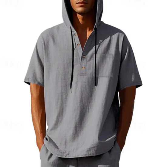 OUKU Men's T Shirt Henley Shirt Tee Short Sleeve Shirt Short Sleeve Hooded Summer Spring Plain Fashion Designer Basic Buttons Vacation Street Going out Black White Yellow Top Tee for Men