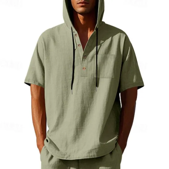 OUKU Men's T Shirt Henley Shirt Tee Short Sleeve Shirt Short Sleeve Hooded Summer Spring Plain Fashion Designer Basic Buttons Vacation Street Going out Black White Yellow Top Tee for Men
