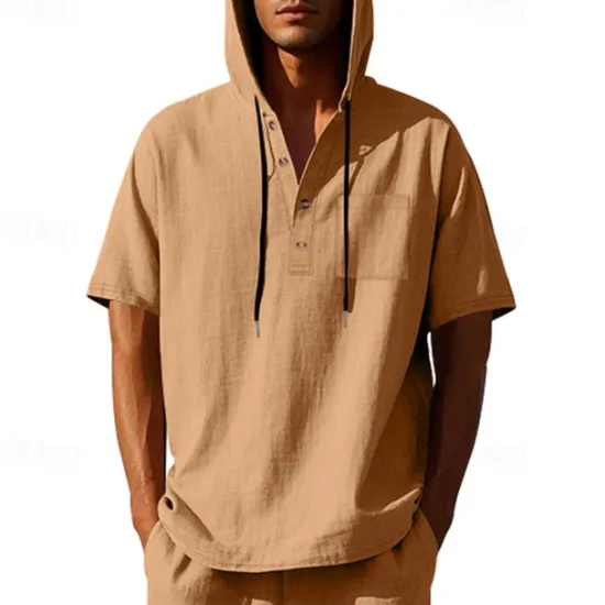 OUKU Men's T Shirt Henley Shirt Tee Short Sleeve Shirt Short Sleeve Hooded Summer Spring Plain Fashion Designer Basic Buttons Vacation Street Going out Black White Yellow Top Tee for Men