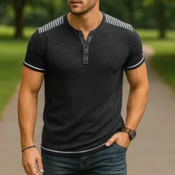 Best OUKU Men's T Shirt Henley Shirt Tee Short Sleeve Shirt Short Sleeve Henley Summer Spring Striped Fashion Designer Basic Buttons Vacation Street Going out Light Blue Black Navy Blue Top Tee for Men
