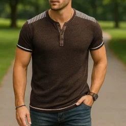 Best OUKU Men's T Shirt Henley Shirt Tee Short Sleeve Shirt Short Sleeve Henley Summer Spring Striped Fashion Designer Basic Buttons Vacation Street Going out Light Blue Black Navy Blue Top Tee for Men
