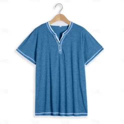Clearance OUKU Men's T Shirt Henley Shirt Tee Top Short Sleeves Plain Fashion Designer Basic Fake two piece Henley Vacation Street Going out Summer Light Blue Black Green Henley T-Shirt