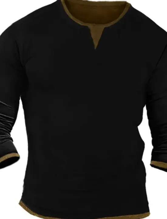 Online OUKU Men's T Shirt Henley Shirt Tee Top Long Sleeve Shirt Long Sleeve Henley Spring & Fall Color Block Fashion Designer Basic Patchwork Vacation Street Going out Black White Navy Blue Top Tee for Men