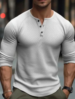 Best OUKU Men's T Shirt Henley Shirt Tee Top Long Sleeve Shirt Long Sleeve Plain Fashion Designer Basic Henley Vacation Street Going out Spring & Fall Black White Navy Blue Henley T-Shirt