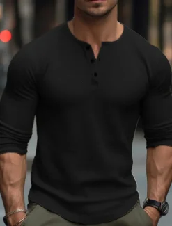 Best OUKU Men's T Shirt Henley Shirt Tee Top Long Sleeve Shirt Long Sleeve Plain Fashion Designer Basic Henley Vacation Street Going out Spring & Fall Black White Navy Blue Henley T-Shirt
