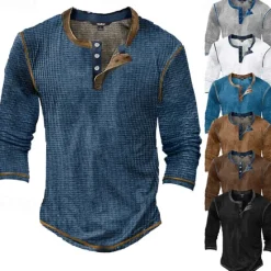 Outlet OUKU Men's T Shirt Henley Shirt Waffle Knit Tee Tee Top Long Sleeve Shirt Long Sleeve Color Block Fashion Designer Basic Patchwork Henley Vacation Street Going out Spring & Fall Black White Blue Henley