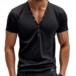 Sale OUKU Men's T Shirt Henley Shirt Tee Short Sleeve Shirt Short Sleeve V Neck Summer Plain Fashion Designer Basic Plain Vacation Street Going out White Black Light Blue Top Tee for Men
