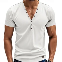 Sale OUKU Men's T Shirt Henley Shirt Tee Short Sleeve Shirt Short Sleeve V Neck Summer Plain Fashion Designer Basic Plain Vacation Street Going out White Black Light Blue Top Tee for Men