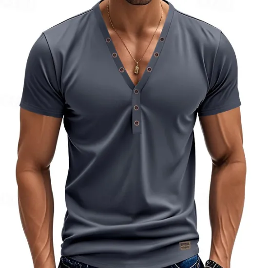 Sale OUKU Men's T Shirt Henley Shirt Tee Short Sleeve Shirt Short Sleeve V Neck Summer Plain Fashion Designer Basic Plain Vacation Street Going out White Black Light Blue Top Tee for Men