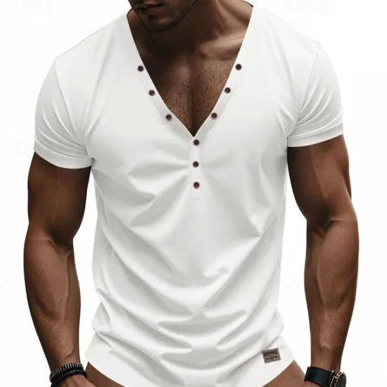 Sale OUKU Men's T Shirt Henley Shirt Tee Short Sleeve Shirt Short Sleeve V Neck Summer Plain Fashion Designer Basic Plain Vacation Street Going out White Black Light Blue Top Tee for Men