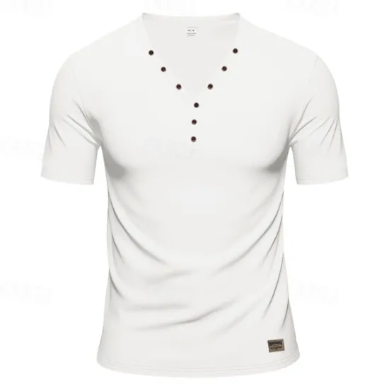 Sale OUKU Men's T Shirt Henley Shirt Tee Short Sleeve Shirt Short Sleeve V Neck Summer Plain Fashion Designer Basic Plain Vacation Street Going out White Black Light Blue Top Tee for Men