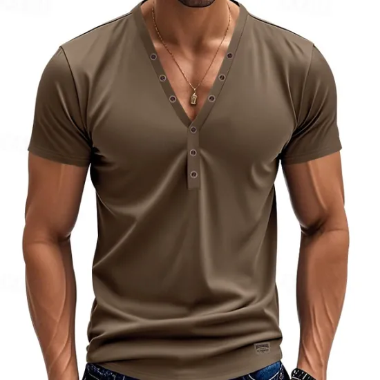 Sale OUKU Men's T Shirt Henley Shirt Tee Short Sleeve Shirt Short Sleeve V Neck Summer Plain Fashion Designer Basic Plain Vacation Street Going out White Black Light Blue Top Tee for Men