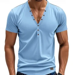 Sale OUKU Men's T Shirt Henley Shirt Tee Short Sleeve Shirt Short Sleeve V Neck Summer Plain Fashion Designer Basic Plain Vacation Street Going out White Black Light Blue Top Tee for Men