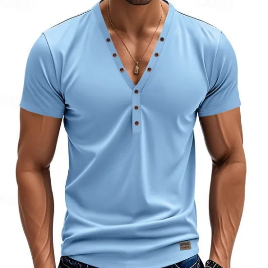 Sale OUKU Men's T Shirt Henley Shirt Tee Short Sleeve Shirt Short Sleeve V Neck Summer Plain Fashion Designer Basic Plain Vacation Street Going out White Black Light Blue Top Tee for Men