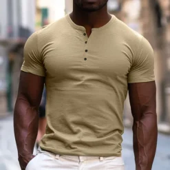 Outlet OUKU Men's T Shirt Henley Shirt Tee Top Short Sleeves Plain Designer Basic Modern Contemporary Buttons Henley Vacation Street Going out Summer Army Green Black White Henley T-Shirt