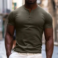 Outlet OUKU Men's T Shirt Henley Shirt Tee Top Short Sleeves Plain Designer Basic Modern Contemporary Buttons Henley Vacation Street Going out Summer Army Green Black White Henley T-Shirt