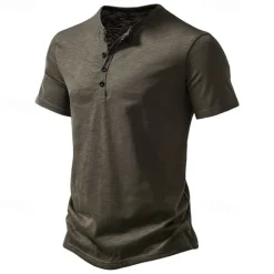 Outlet OUKU Men's T Shirt Henley Shirt Tee Top Short Sleeves Plain Designer Basic Modern Contemporary Buttons Henley Vacation Street Going out Summer Army Green Black White Henley T-Shirt