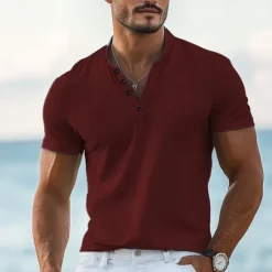 Online OUKU Men's T shirt Henley Shirt Tee Top Short Sleeves Plain Designer Basic Modern Contemporary Buttons Henley Vacation Street Going out Summer Wine Black White Henley T-Shirt