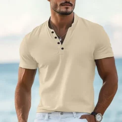 Online OUKU Men's T shirt Henley Shirt Tee Top Short Sleeves Plain Designer Basic Modern Contemporary Buttons Henley Vacation Street Going out Summer Wine Black White Henley T-Shirt