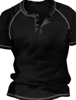Clearance OUKU Men's T Shirt Henley Shirt Cool Shirt Short Sleeves Plain Designer Basic Modern Contemporary Vintage Style Henley Vacation Street Going out Summer Wine Black Navy Blue Henley T-Shirt