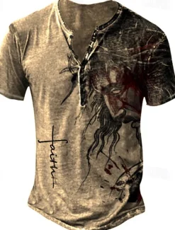 Best OUKU Men's T Shirt Henley Shirt Graphic Faith Henley Clothing Apparel 3D Print Outdoor Daily Going out Short Sleeve Print Button-Down Polyester Fashion Designer Casual Comfortable Brown